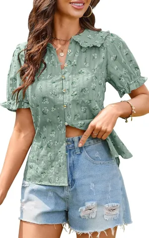 ECOWISH Women's Button Up Shirt - Peter Pan Collar Frilled Short Sleeve Summer Tops Casual Cotton Retro Floral Blouse