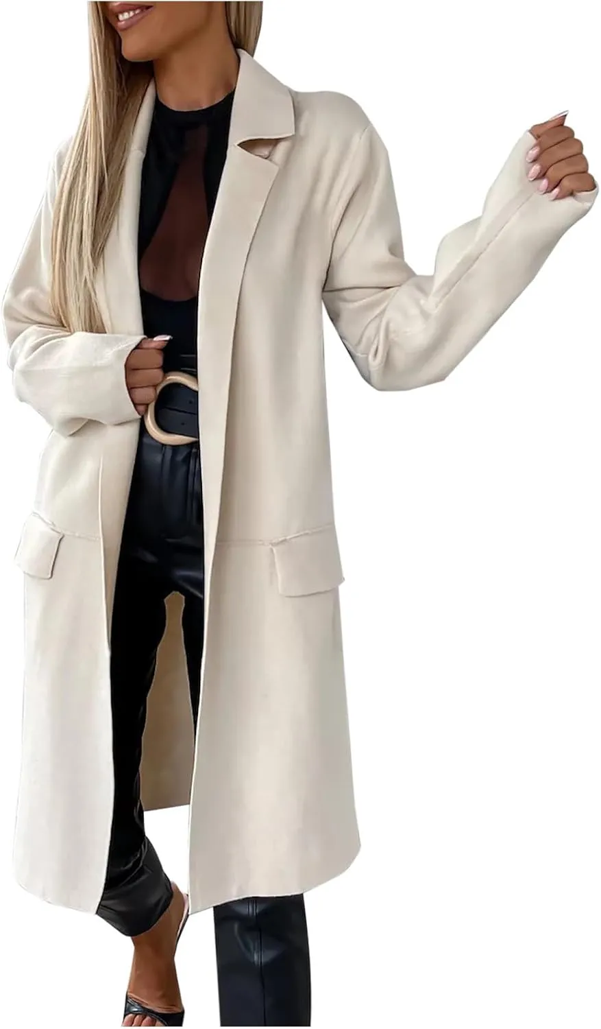 fartey Wool Trench Coat Women 2024 Winter Mid-Long Pea Coats Notch Lapel Single-Breasted Dress Coats Outwear With Pockets