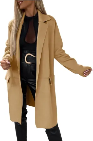 fartey Wool Trench Coat Women 2024 Winter Mid-Long Pea Coats Notch Lapel Single-Breasted Dress Coats Outwear With Pockets