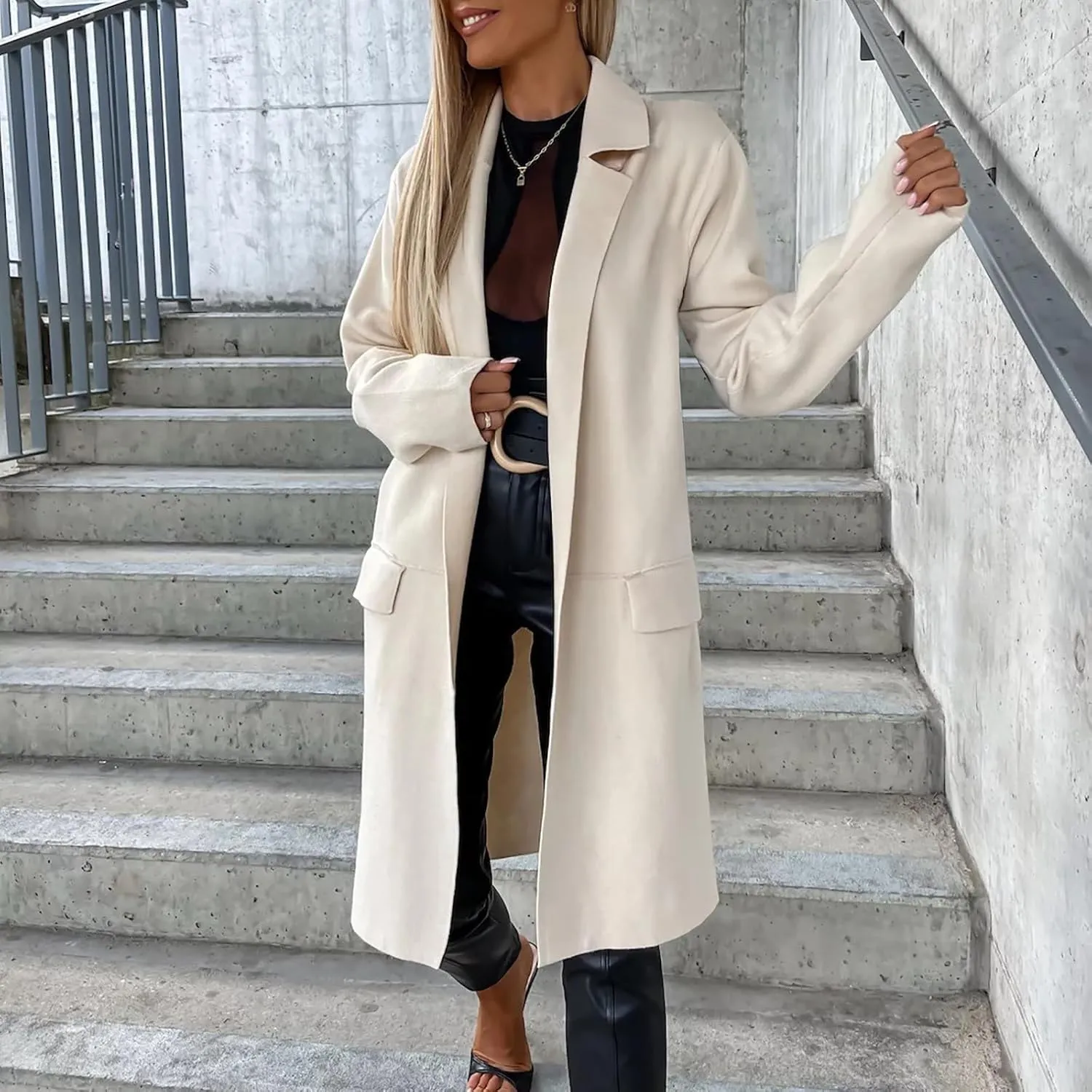 fartey Wool Trench Coat Women 2024 Winter Mid-Long Pea Coats Notch Lapel Single-Breasted Dress Coats Outwear With Pockets