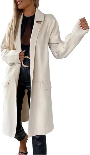 fartey Wool Trench Coat Women 2024 Winter Mid-Long Pea Coats Notch Lapel Single-Breasted Dress Coats Outwear With Pockets