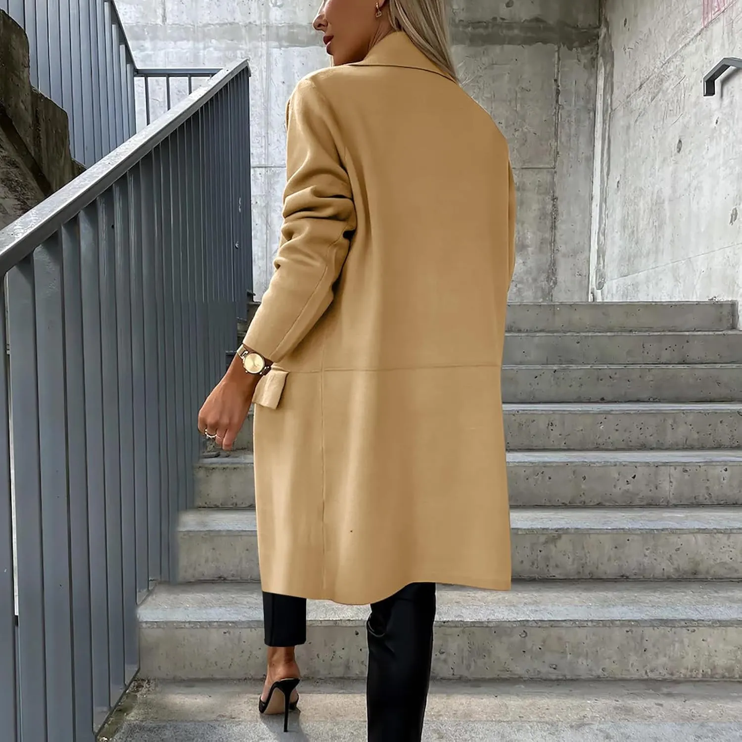 fartey Wool Trench Coat Women 2024 Winter Mid-Long Pea Coats Notch Lapel Single-Breasted Dress Coats Outwear With Pockets