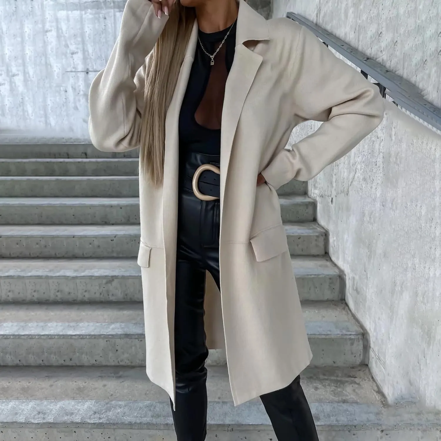fartey Wool Trench Coat Women 2024 Winter Mid-Long Pea Coats Notch Lapel Single-Breasted Dress Coats Outwear With Pockets