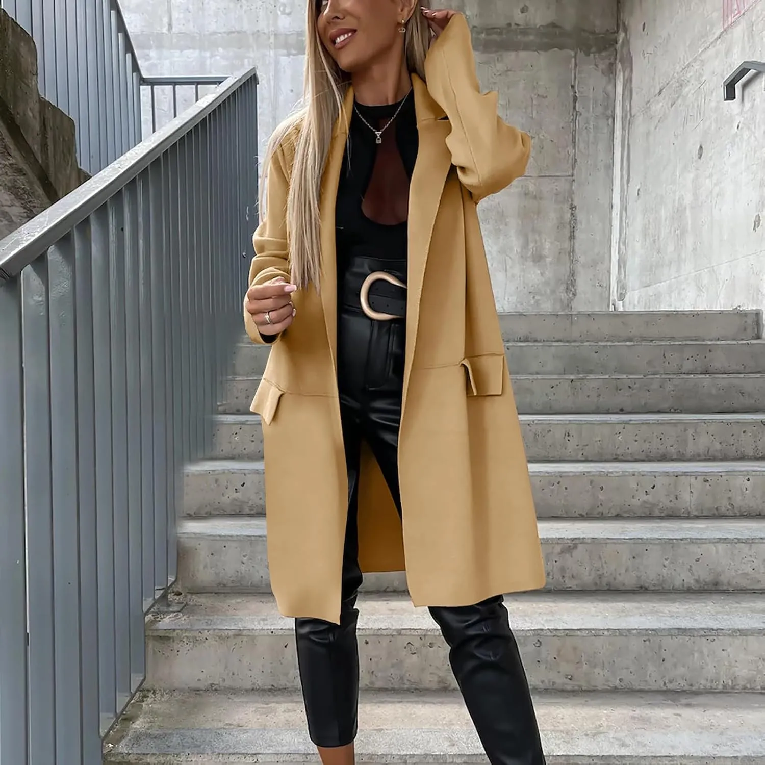 fartey Wool Trench Coat Women 2024 Winter Mid-Long Pea Coats Notch Lapel Single-Breasted Dress Coats Outwear With Pockets