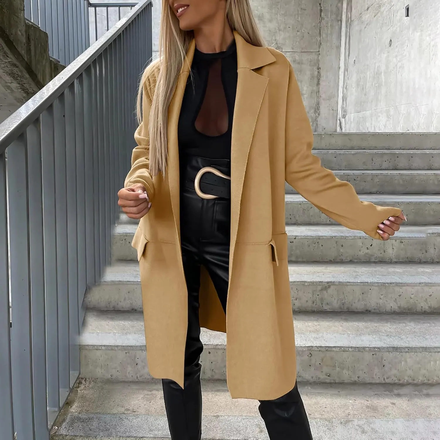 fartey Wool Trench Coat Women 2024 Winter Mid-Long Pea Coats Notch Lapel Single-Breasted Dress Coats Outwear With Pockets