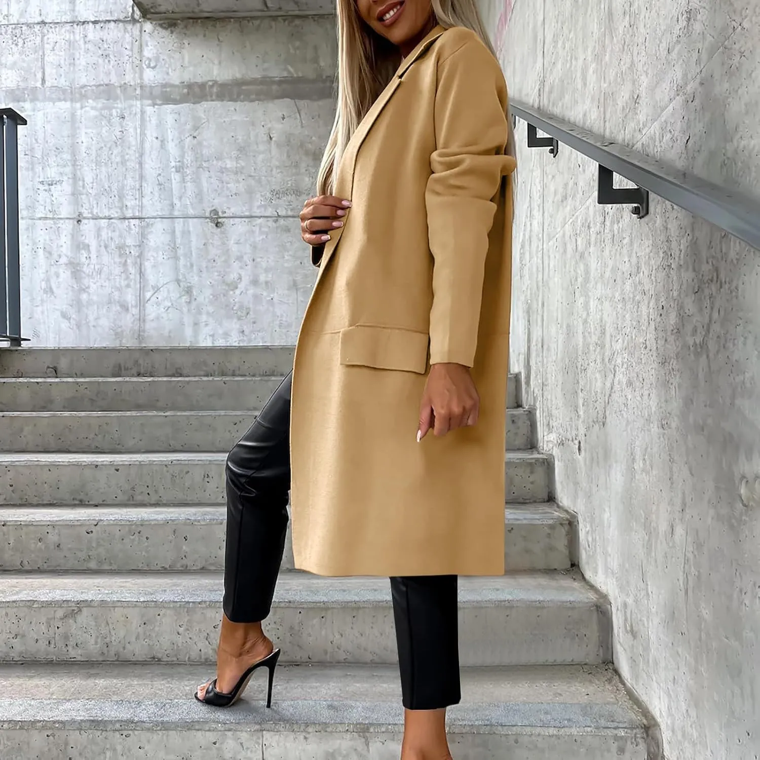 fartey Wool Trench Coat Women 2024 Winter Mid-Long Pea Coats Notch Lapel Single-Breasted Dress Coats Outwear With Pockets
