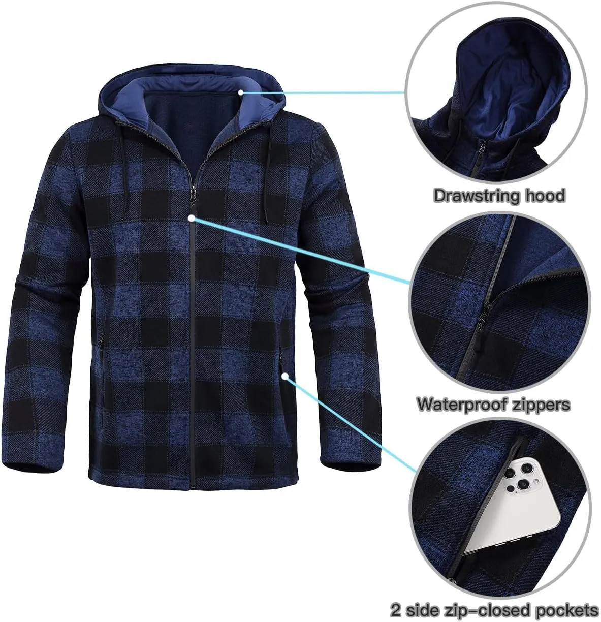 Fleece Jacket Men Plaid Hoodies Zip Up Fall Sweatshirts Jacket
