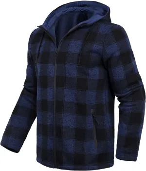 Fleece Jacket Men Plaid Hoodies Zip Up Fall Sweatshirts Jacket