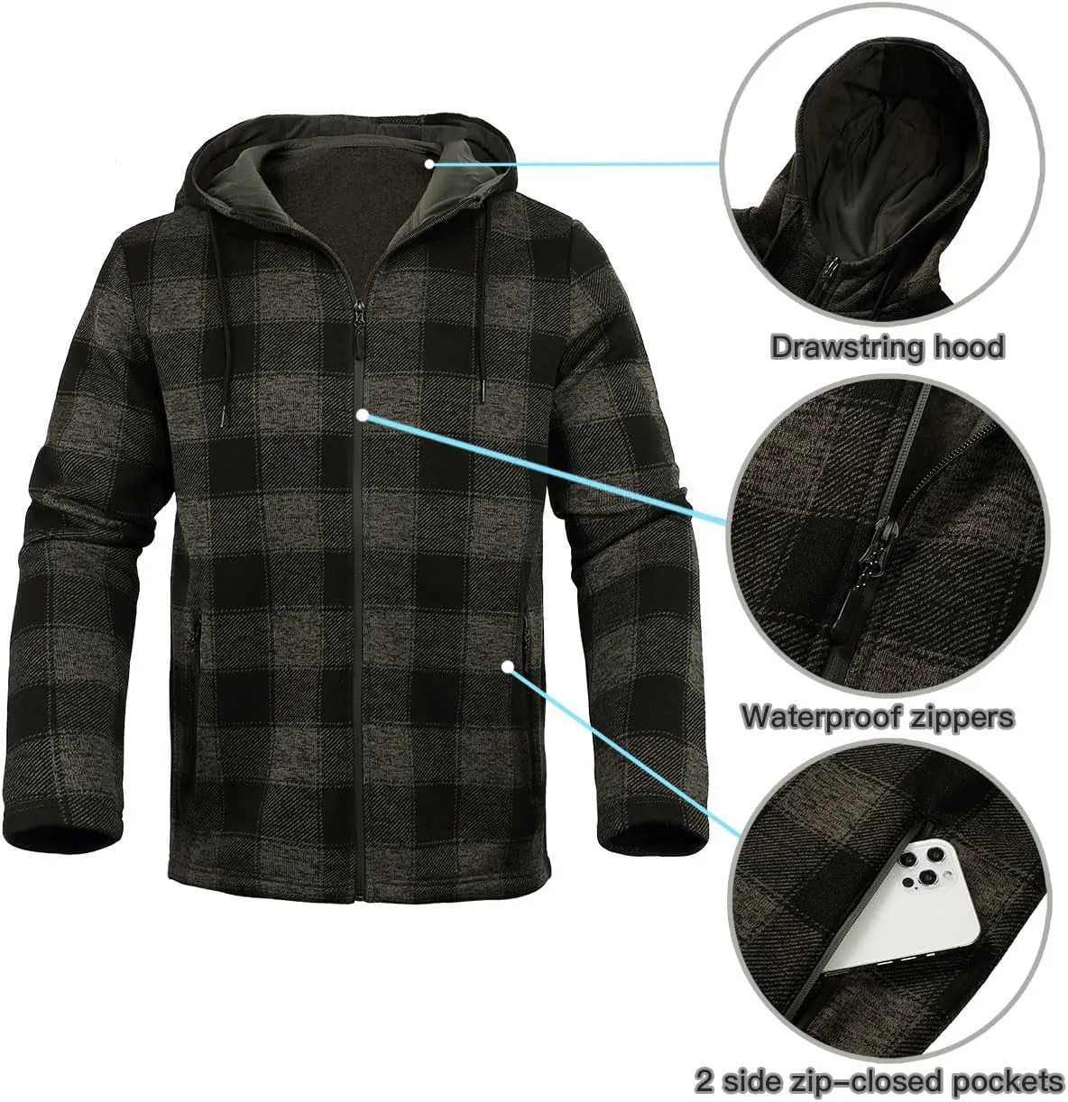 Fleece Jacket Men Plaid Hoodies Zip Up Fall Sweatshirts Jacket