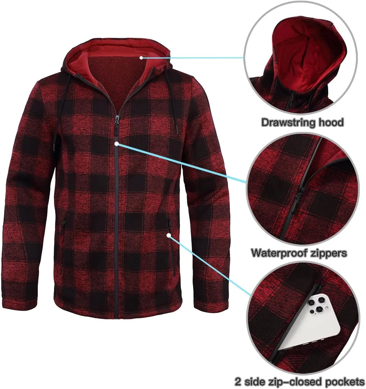 Fleece Jacket Men Plaid Hoodies Zip Up Fall Sweatshirts Jacket