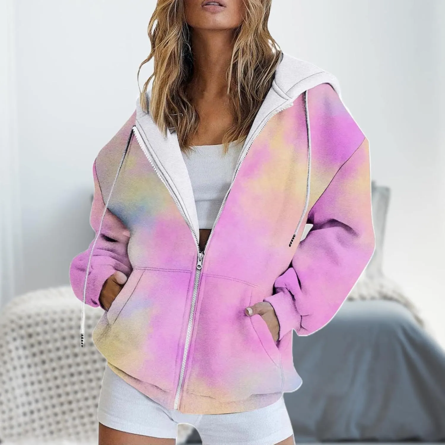 Full Zip Hoodies with Zipper Pocket Sweatshirt Casual Drawstring Clothing Zipper Track Hoodies Sweater Fashion