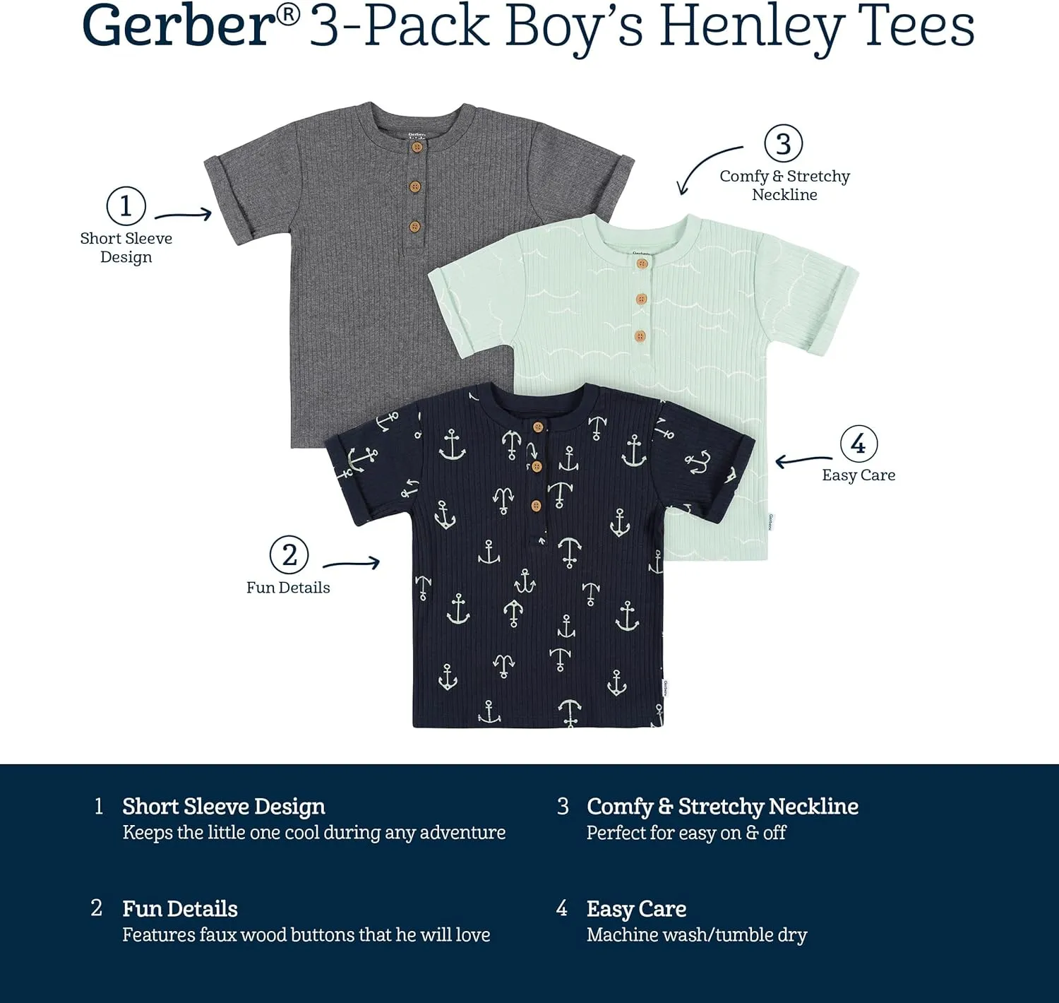 Gerber Baby Boys' Toddler 3-Pack Short Sleeve Pocket Tees