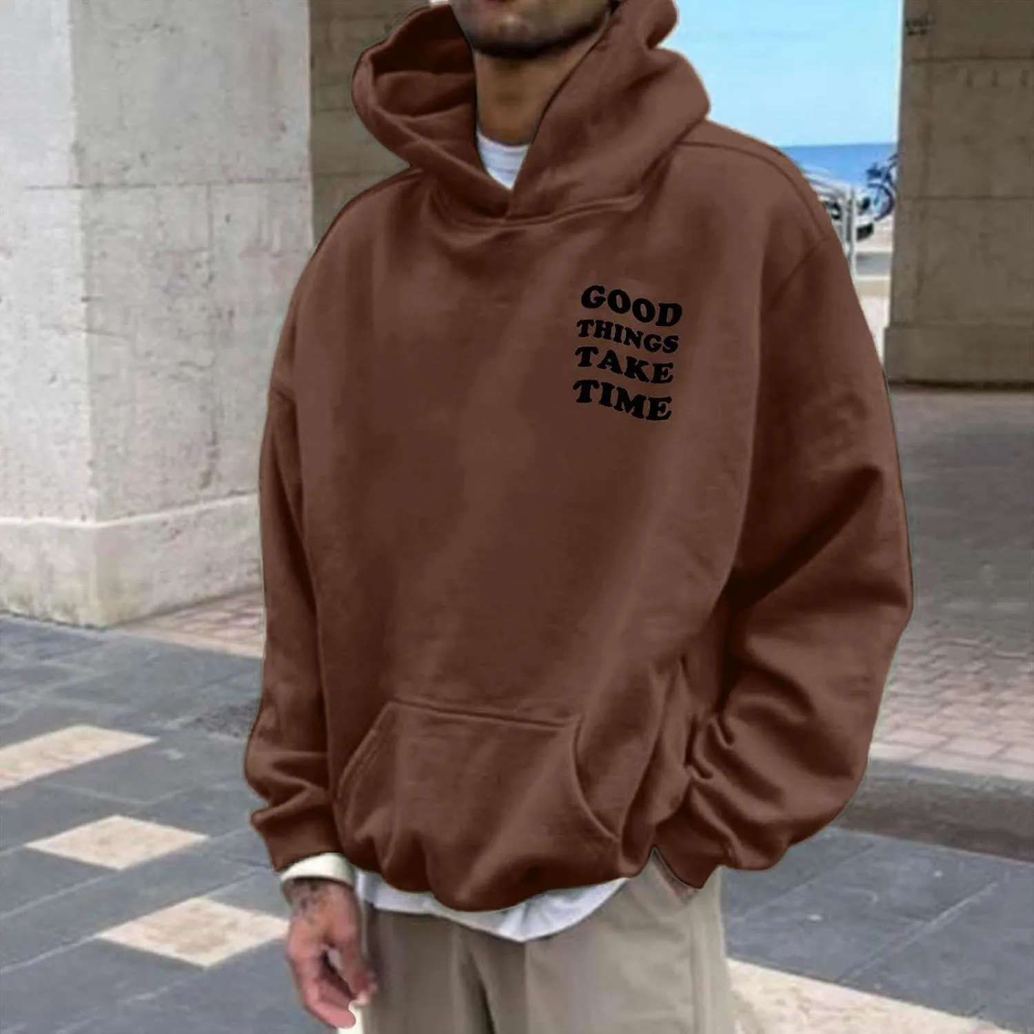 GOFULY Mens Sweatshirts Fall Good Things Take Time Letter Print Hoodies Design Long Sleeve Hoodies Pullover Lightweight