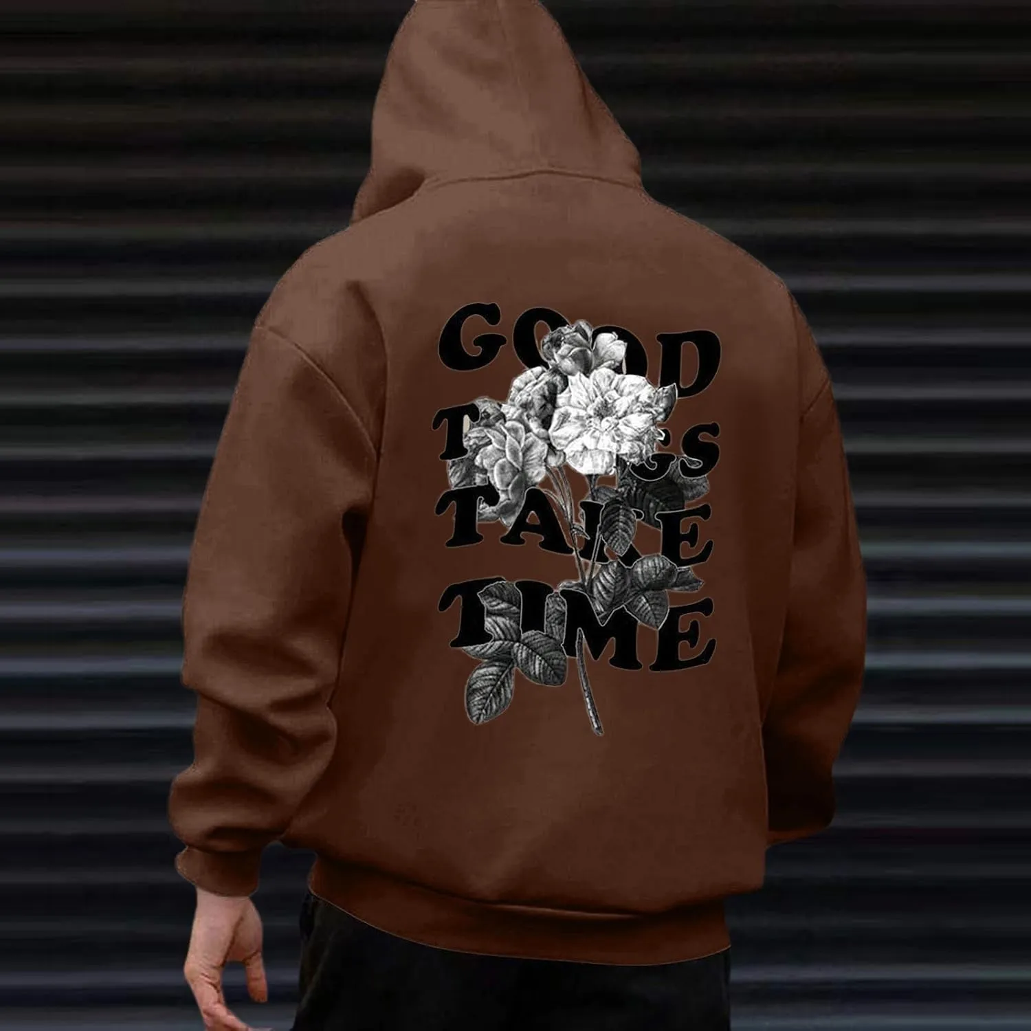 GOFULY Mens Sweatshirts Fall Good Things Take Time Letter Print Hoodies Design Long Sleeve Hoodies Pullover Lightweight