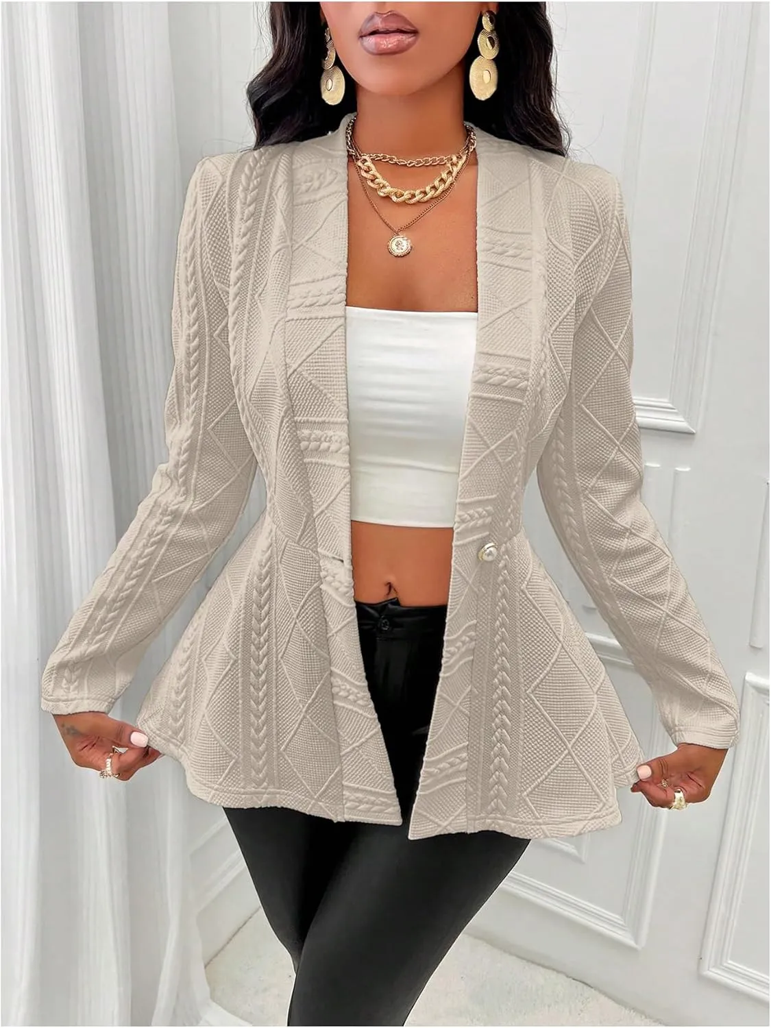 GORGLITTER Women's Peplum Blazer Jackets Business Casual Work Blazers Textured Button Front Long Sleeve Fall Outfits
