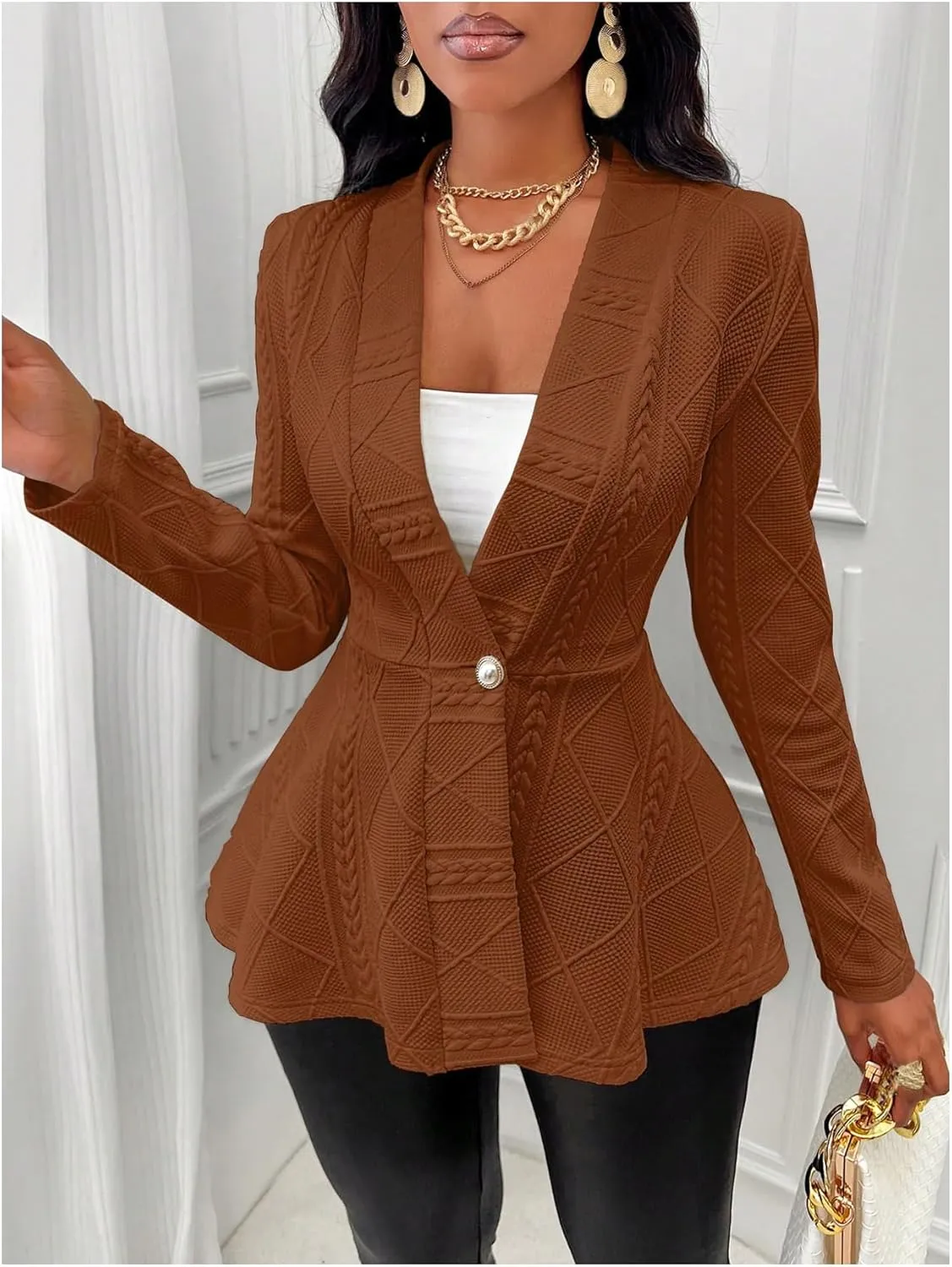 GORGLITTER Women's Peplum Blazer Jackets Business Casual Work Blazers Textured Button Front Long Sleeve Fall Outfits
