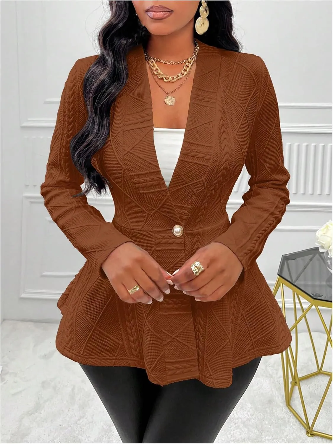 GORGLITTER Women's Peplum Blazer Jackets Business Casual Work Blazers Textured Button Front Long Sleeve Fall Outfits