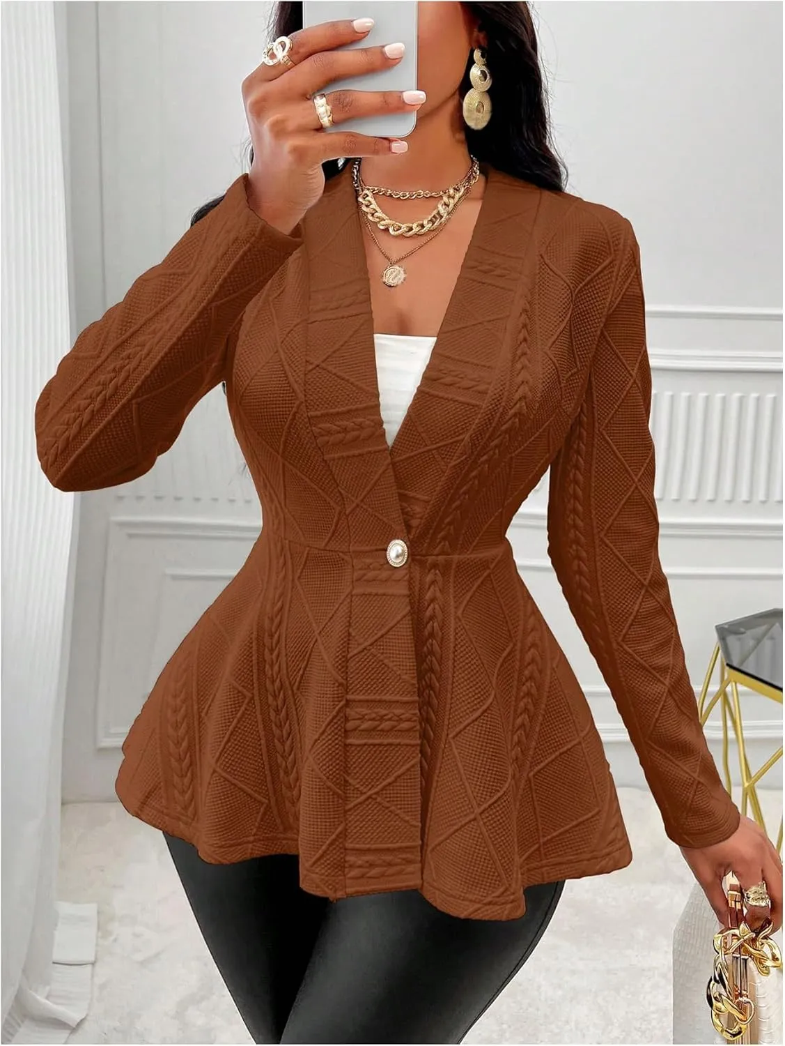 GORGLITTER Women's Peplum Blazer Jackets Business Casual Work Blazers Textured Button Front Long Sleeve Fall Outfits