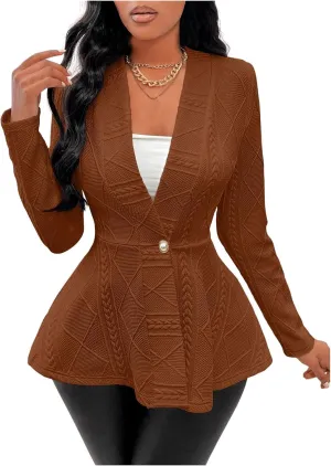 GORGLITTER Women's Peplum Blazer Jackets Business Casual Work Blazers Textured Button Front Long Sleeve Fall Outfits
