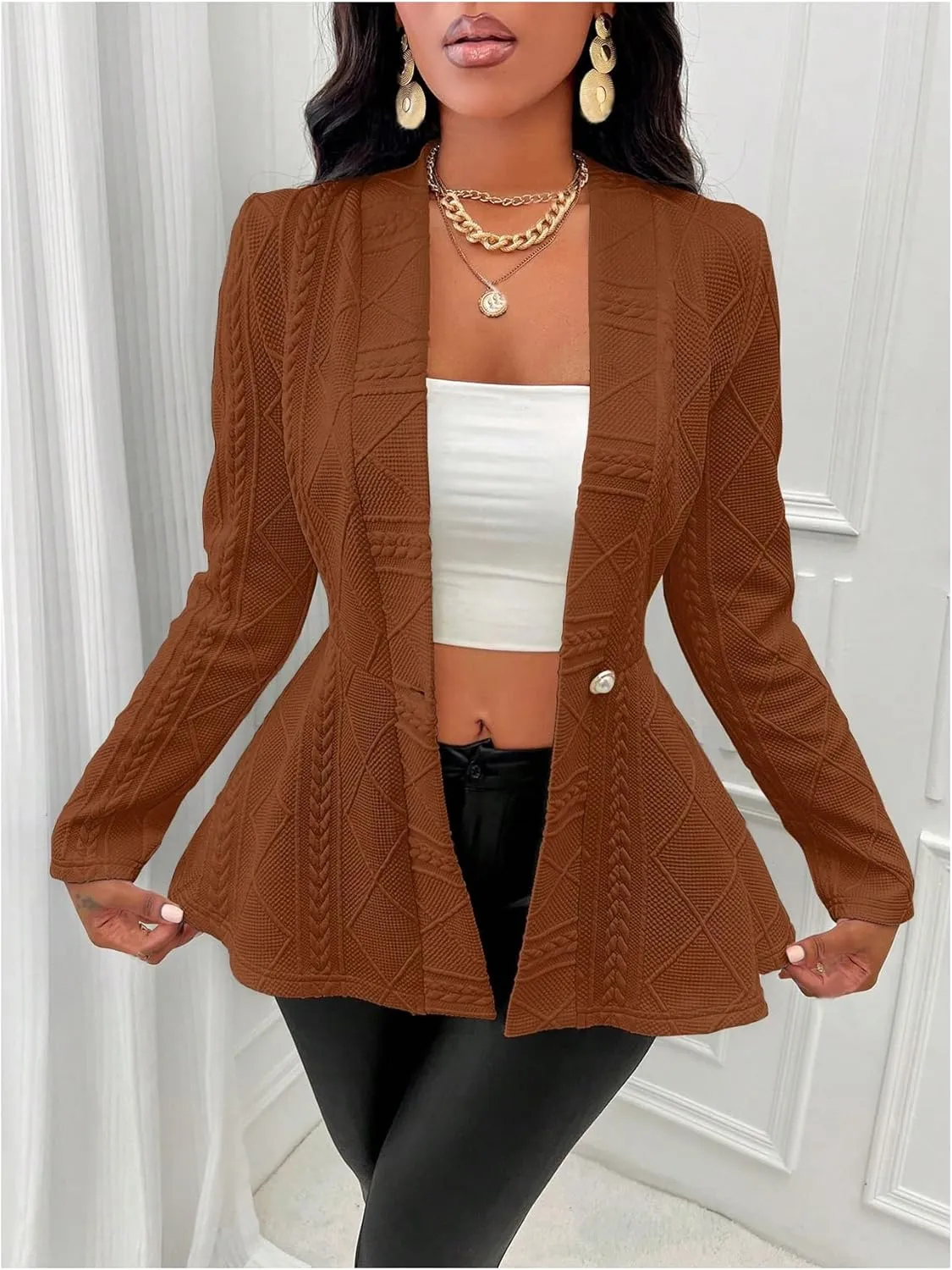 GORGLITTER Women's Peplum Blazer Jackets Business Casual Work Blazers Textured Button Front Long Sleeve Fall Outfits