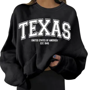 Graphic Hoodies For Women Texas Sweatshirt For Women Letter Graphic Crewneck Oversized Casual Tops Teen Athletic Long Sleeve 2024 Fall Pullover Black Small