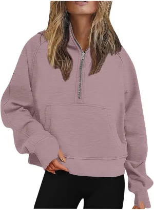 Half Zip Cropped Hoodies for Women Fleece Quarter Zip Pullover Oversized Sweatshirts with Thumb Hole 2024 Fall Clothes