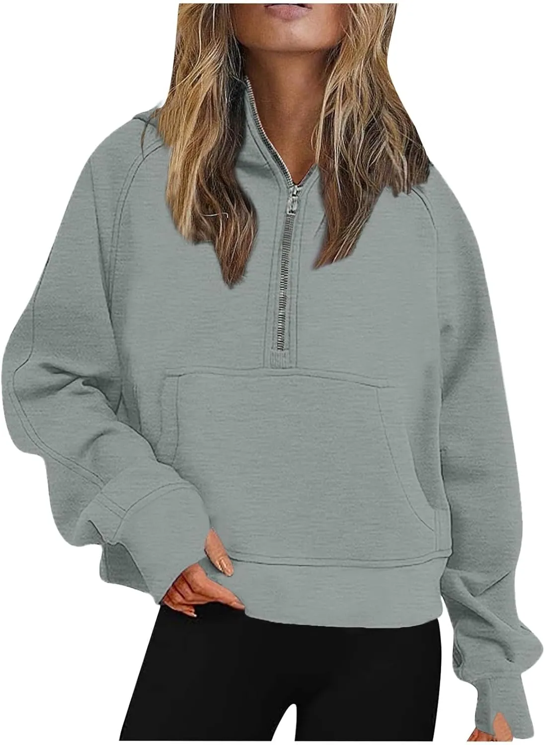 Half Zip Cropped Hoodies for Women Fleece Quarter Zip Up Pullover Oversized Sweatshirts 2024 Fall Clothes with Pocket