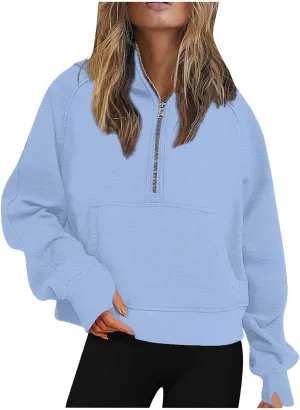 Half Zip Cropped Hoodies for Women Fleece Quarter Zip Up Pullover Oversized Sweatshirts 2024 Fall Clothes with Pocket