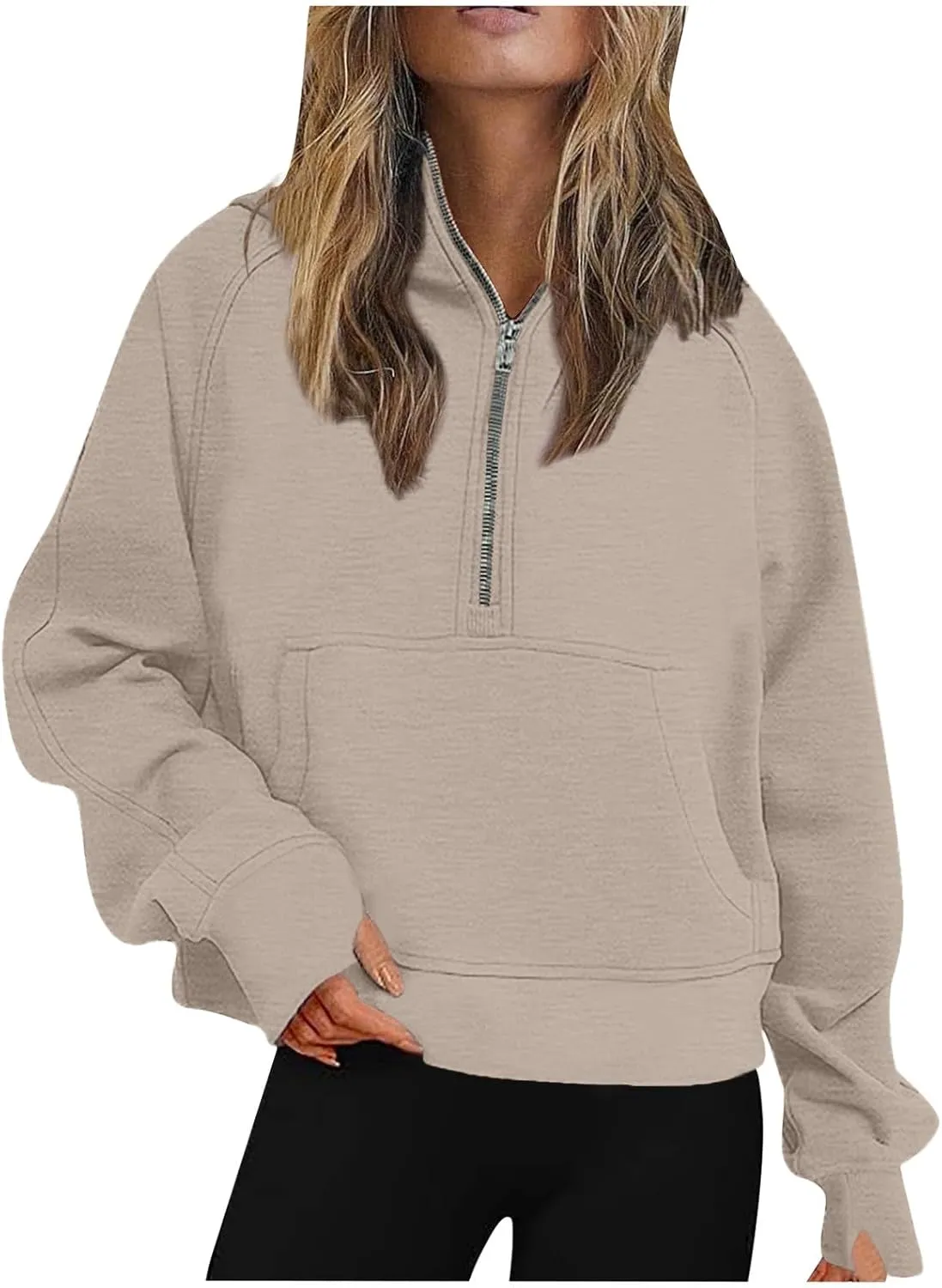 Half Zip Cropped Hoodies for Women Fleece Quarter Zip Up Pullover Oversized Sweatshirts 2024 Fall Clothes with Pocket