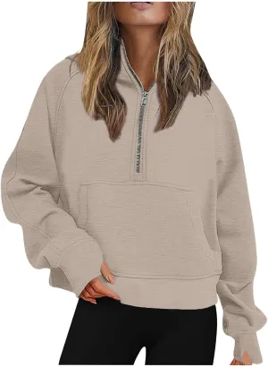 Half Zip Cropped Hoodies for Women Fleece Quarter Zip Up Pullover Oversized Sweatshirts 2024 Fall Clothes with Pocket
