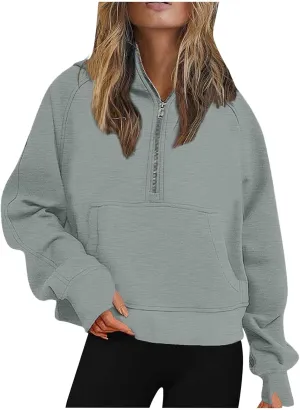 Half Zip Cropped Hoodies for Women Fleece Quarter Zip Up Pullover Oversized Sweatshirts 2024 Fall Clothes with Pocket