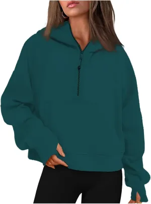Half Zip Up Hoodies for Women Cropped Casual Fleece Hooded Sweatshirt Trendy Thumb Hole Long Sleeve Shirts Pullover