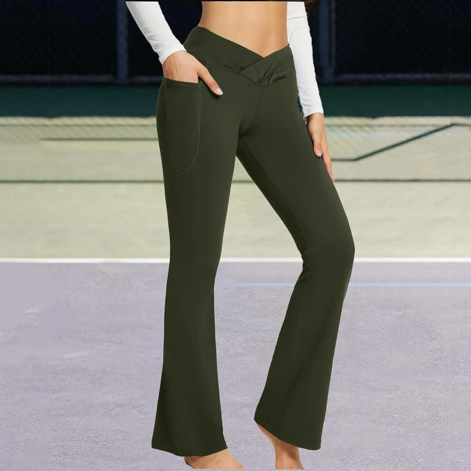 High Waist Yoga Pants with Pockets Warm Yoga Pants High Waist Buttocks Stretch Fitness Tummy Control Flare Leggings