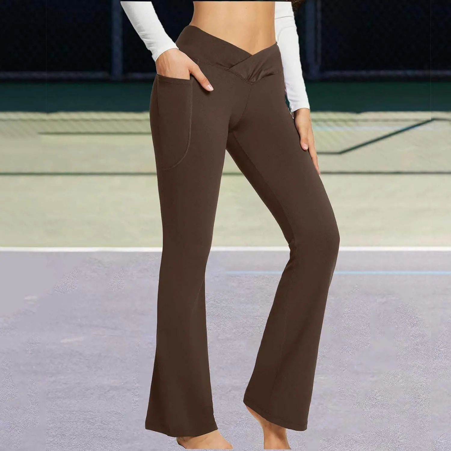 High Waist Yoga Pants with Pockets Warm Yoga Pants High Waist Buttocks Stretch Fitness Tummy Control Flare Leggings