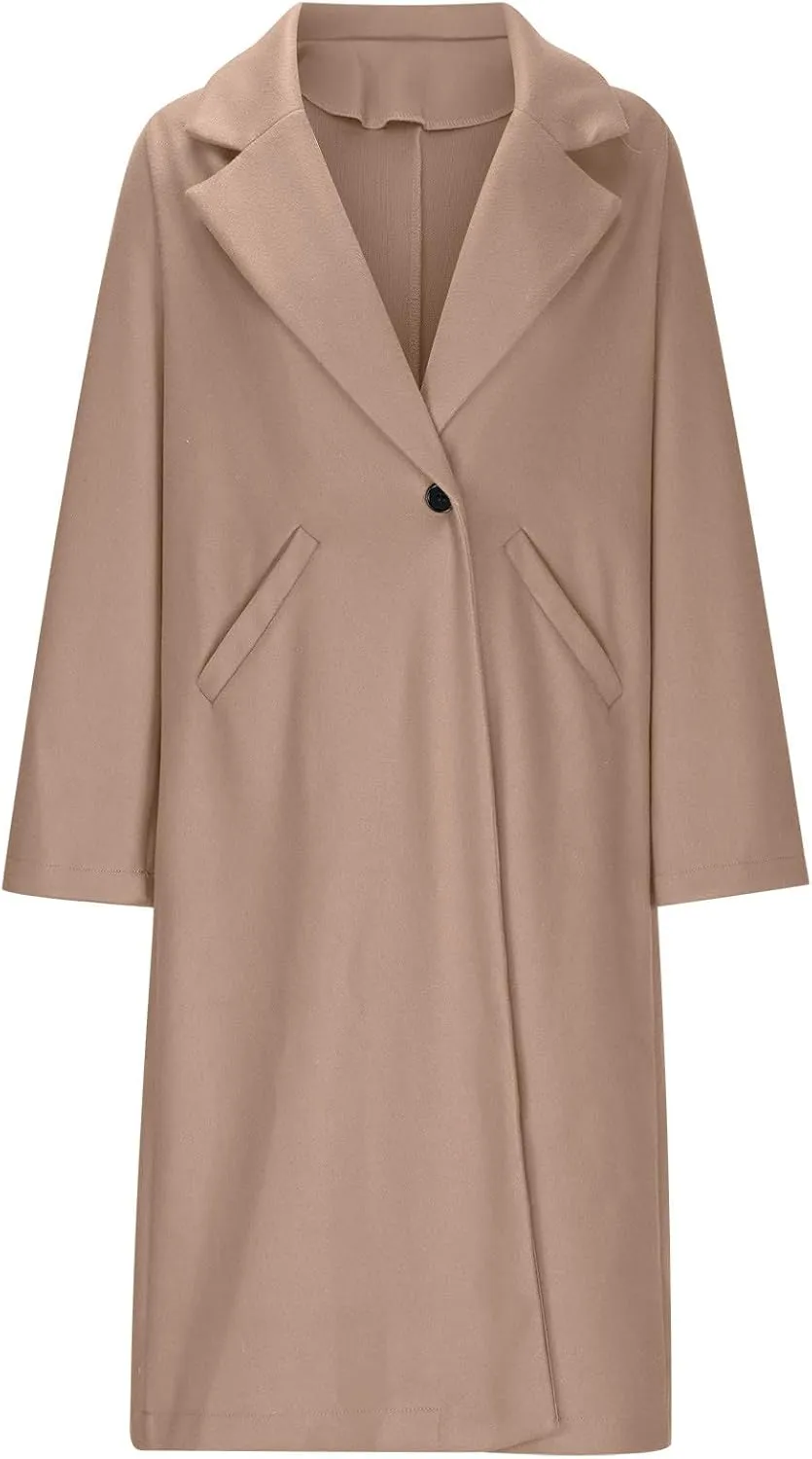 hlysgo Women's Long Wool Blend Pea Coat Casual Overcoat Notched Lapel Collar Trench Coat Single Breasted Jacket Outerwear