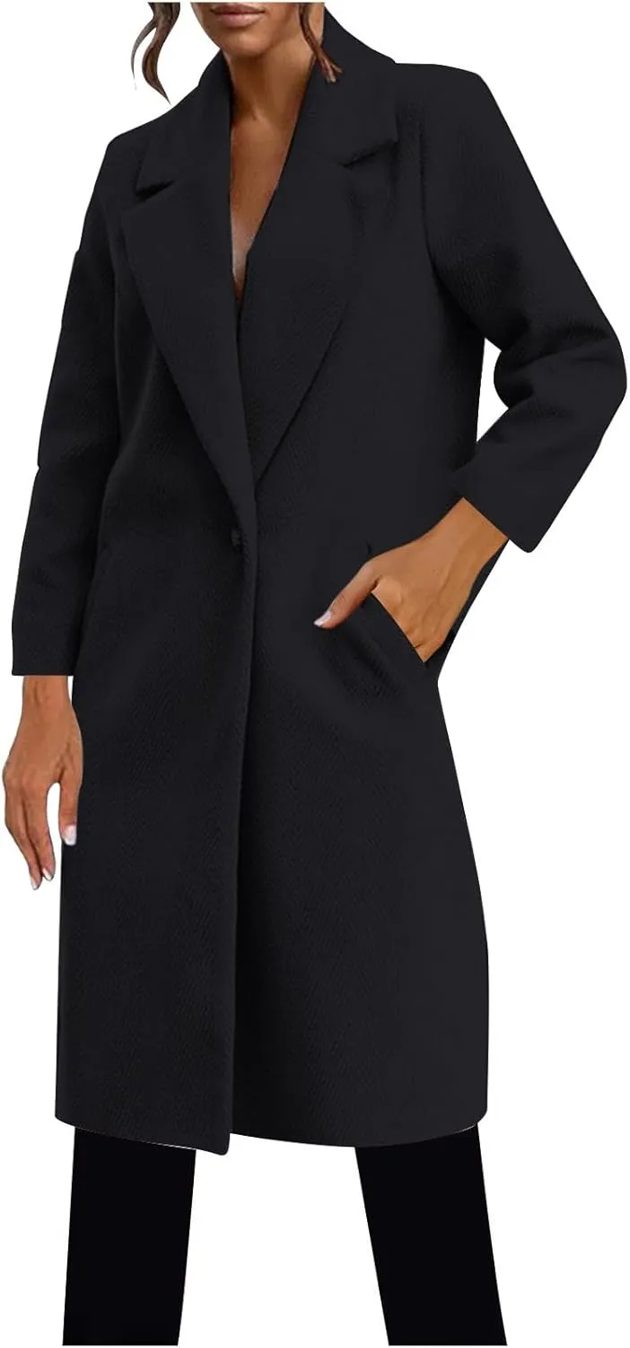 hlysgo Women's Long Wool Blend Pea Coat Casual Overcoat Notched Lapel Collar Trench Coat Single Breasted Jacket Outerwear