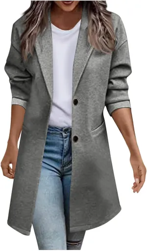 hlysgo Womens Single Breasted Trench Coat Long Sleeve Slim Peacoat Casual Lapel Cardigan Outwear Fall Winter Clothes
