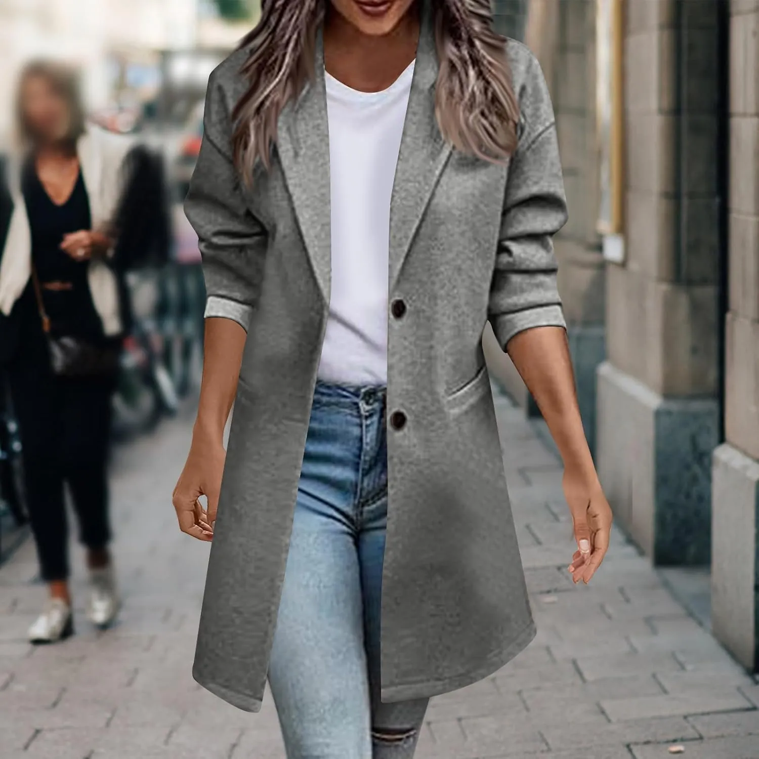 hlysgo Womens Single Breasted Trench Coat Long Sleeve Slim Peacoat Casual Lapel Cardigan Outwear Fall Winter Clothes