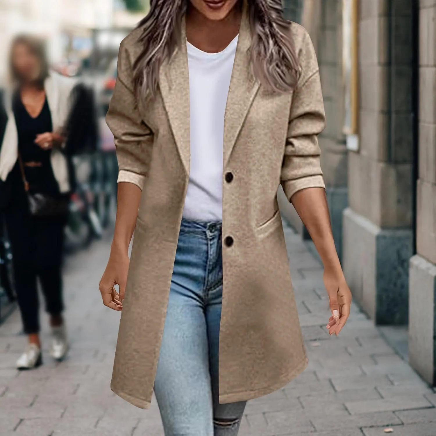hlysgo Womens Single Breasted Trench Coat Long Sleeve Slim Peacoat Casual Lapel Cardigan Outwear Fall Winter Clothes