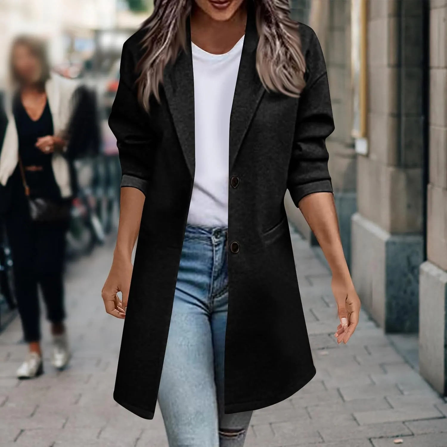 hlysgo Womens Single Breasted Trench Coat Long Sleeve Slim Peacoat Casual Lapel Cardigan Outwear Fall Winter Clothes