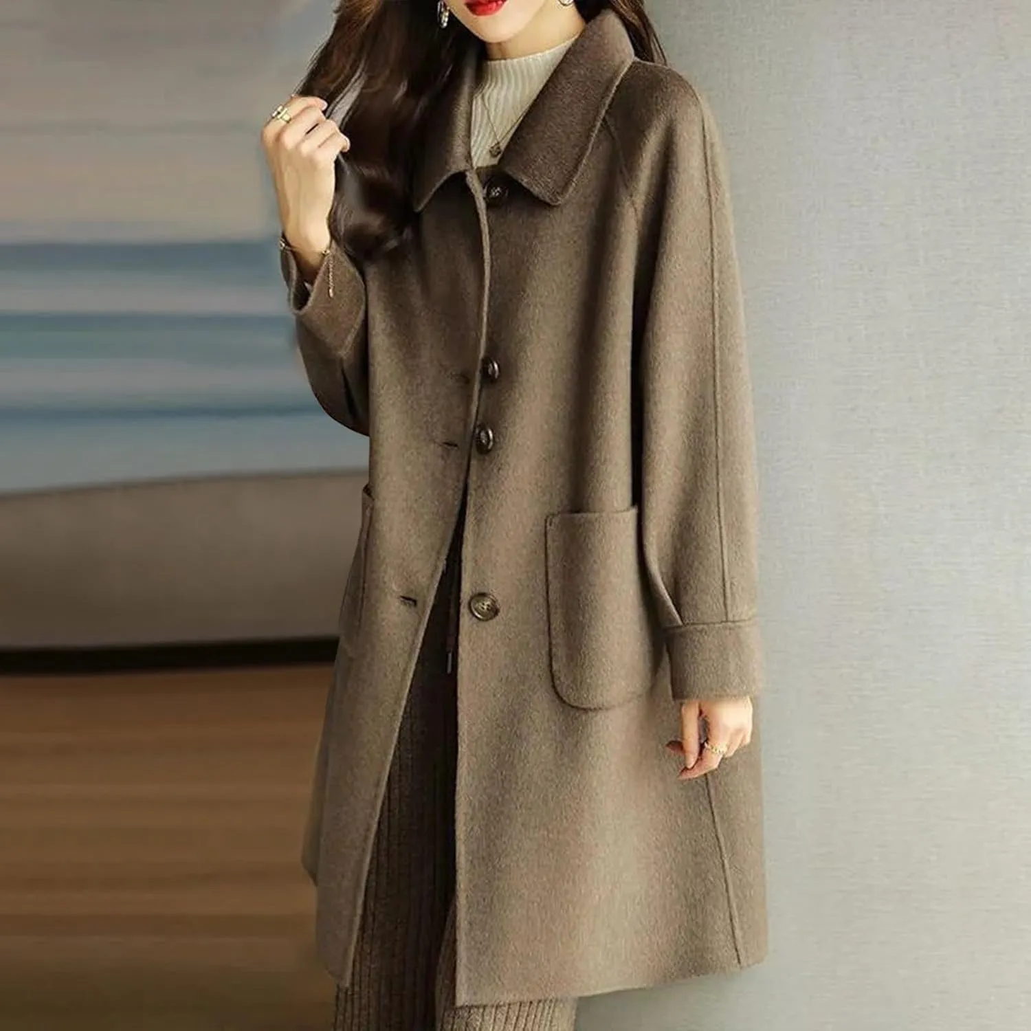 hlysgo Women's Single Breasted Wool Blend Trench Coat Fall Winter Long Overcoat Fashion Outerwear with Pockets
