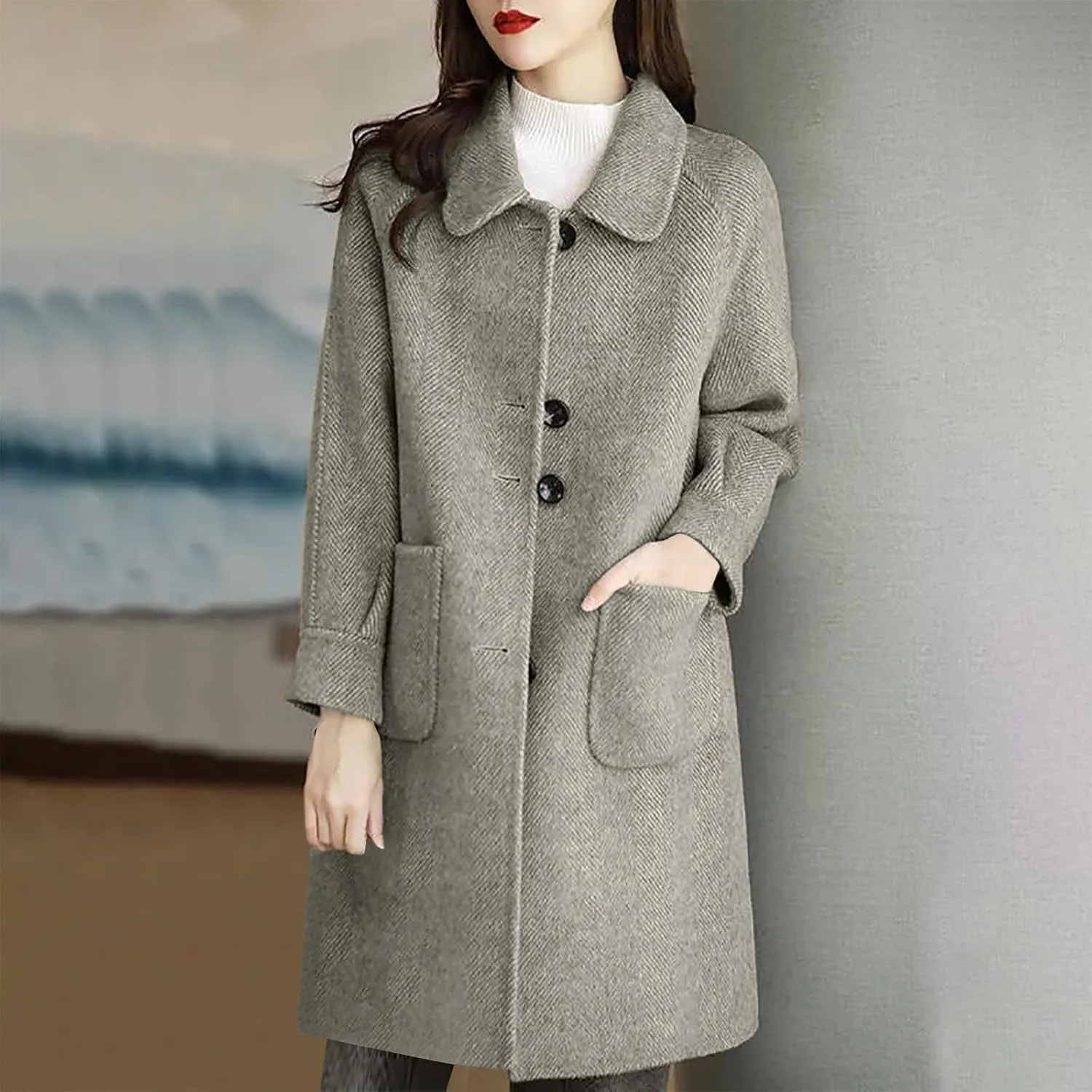 hlysgo Women's Single Breasted Wool Blend Trench Coat Fall Winter Long Overcoat Fashion Outerwear with Pockets