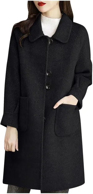 hlysgo Women's Single Breasted Wool Blend Trench Coat Fall Winter Long Overcoat Fashion Outerwear with Pockets