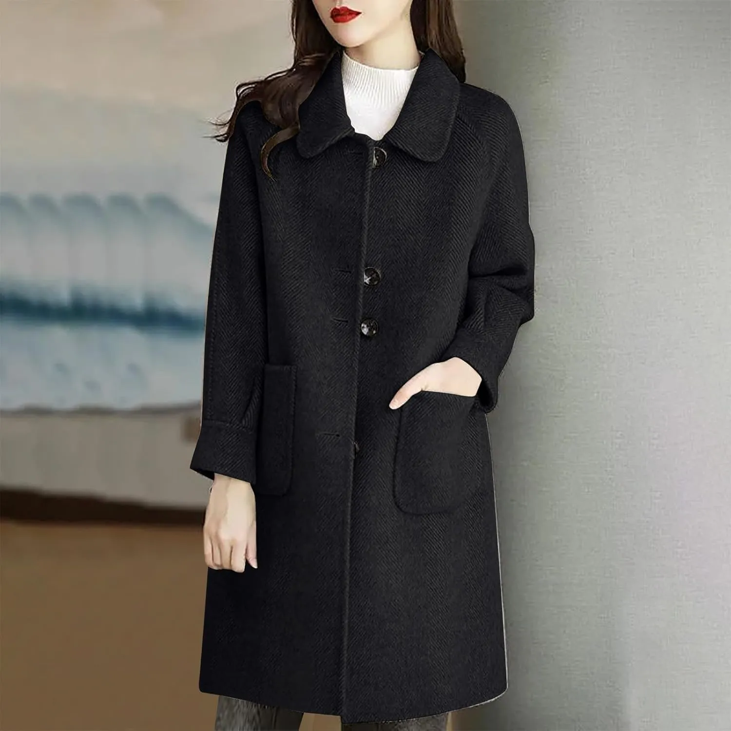 hlysgo Women's Single Breasted Wool Blend Trench Coat Fall Winter Long Overcoat Fashion Outerwear with Pockets
