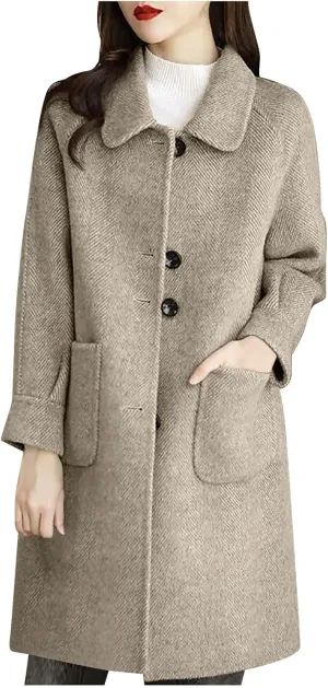hlysgo Women's Single Breasted Wool Blend Trench Coat Fall Winter Long Overcoat Fashion Outerwear with Pockets