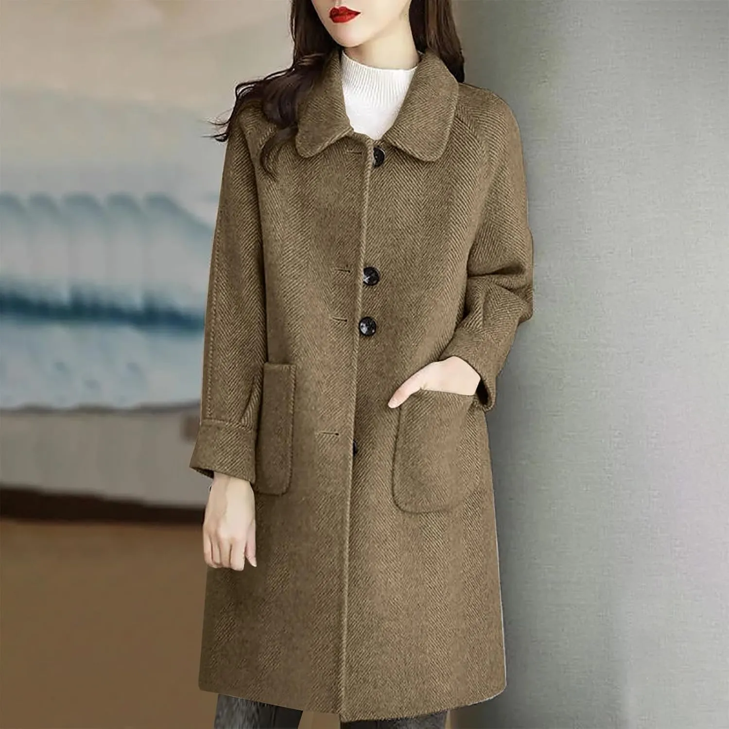 hlysgo Women's Single Breasted Wool Blend Trench Coat Fall Winter Long Overcoat Fashion Outerwear with Pockets