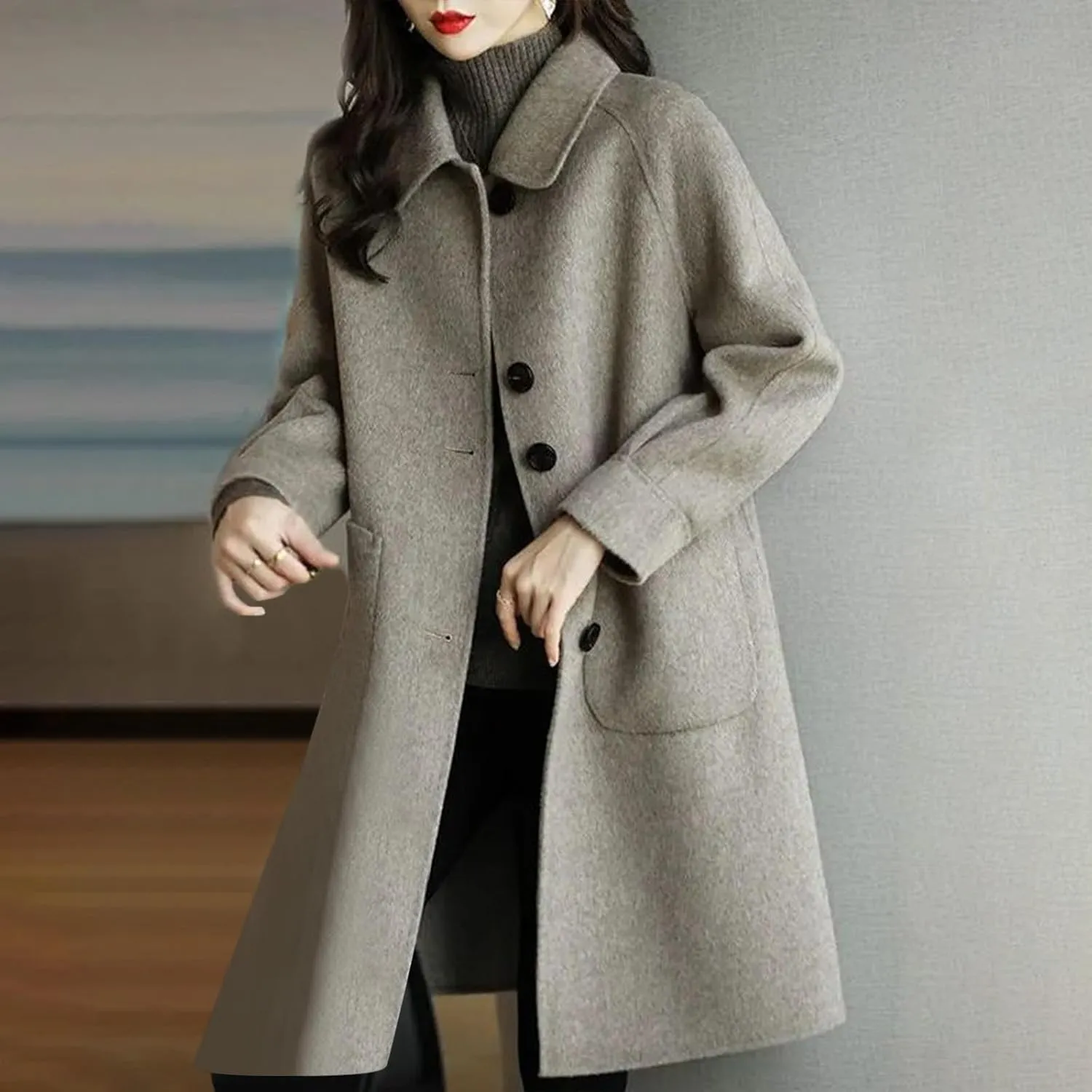 hlysgo Women's Single Breasted Wool Blend Trench Coat Fall Winter Long Overcoat Fashion Outerwear with Pockets