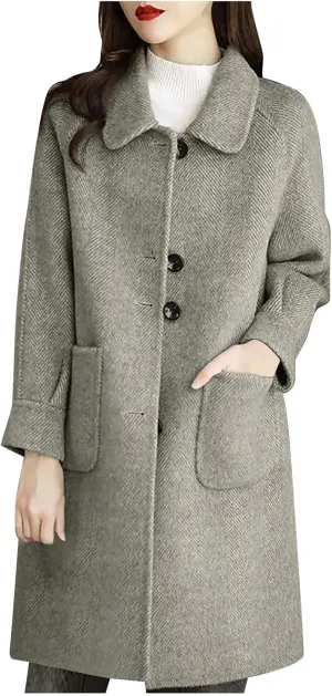 hlysgo Women's Single Breasted Wool Blend Trench Coat Fall Winter Long Overcoat Fashion Outerwear with Pockets