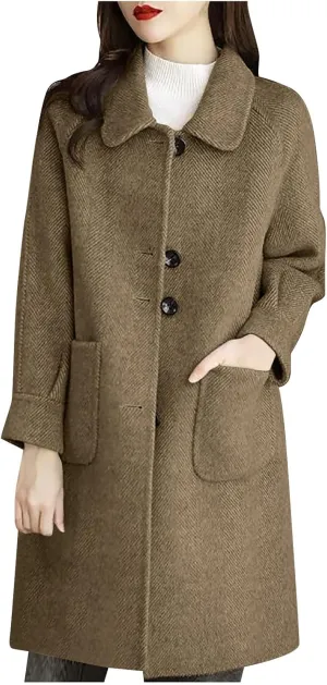 hlysgo Women's Single Breasted Wool Blend Trench Coat Fall Winter Long Overcoat Fashion Outerwear with Pockets