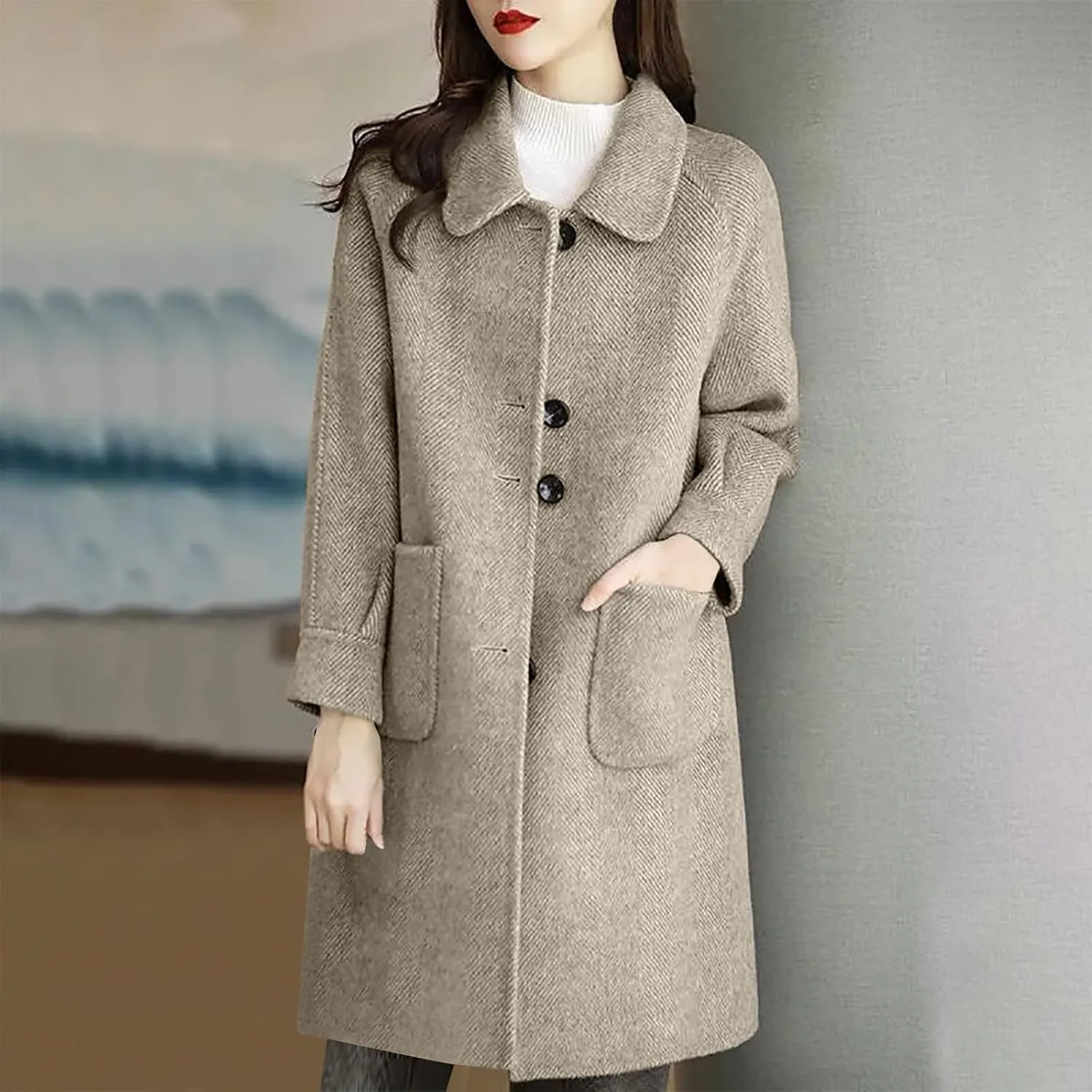 hlysgo Women's Single Breasted Wool Blend Trench Coat Fall Winter Long Overcoat Fashion Outerwear with Pockets